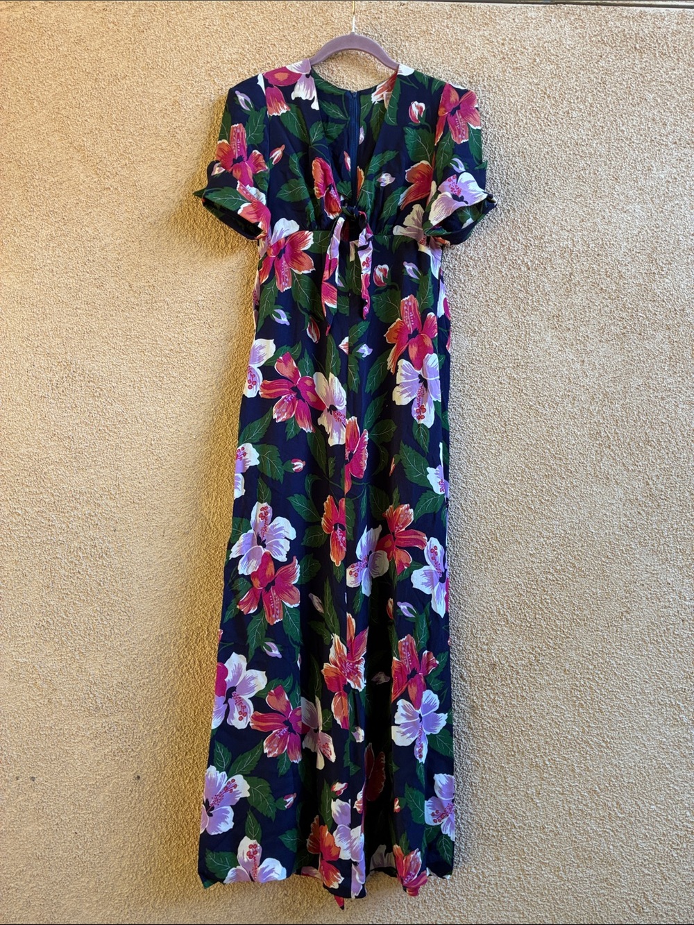 Vintage Hawaiian Floral Tie-Front Maxi Dress Cut Out Peekaboo Rayon Size 2/XS
